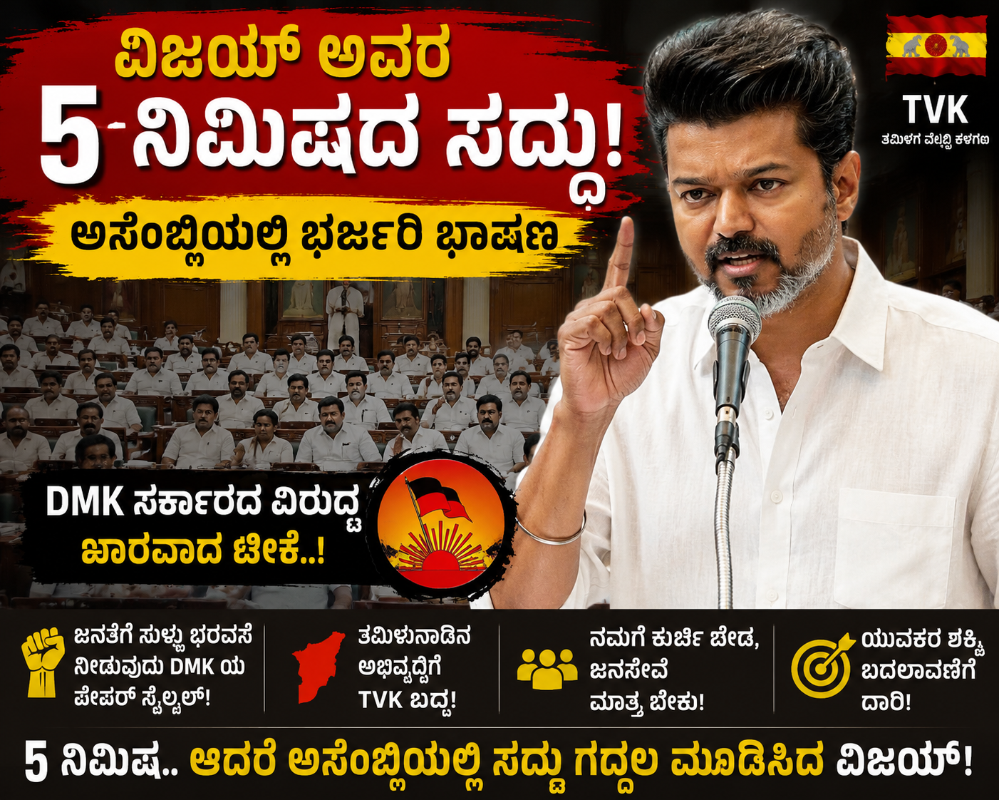 ವಿಧಾನಸಭೆಯಲ್ಲಿ 5 ನಿಮಿಷ ಭಾಷಣ ಮಾಡಿದ ವಿಜಯ್ : ಮುಖ್ಯಮಂತ್ರಿ ವಿಜಯ್ ಅವರು ವಿಧಾನಸಭೆಯಲ್ಲಿ ಡಿಎಂಕೆ ವಿರುದ್ಧ ಟೀಕಿಸಿದ್ದಾರೆ.